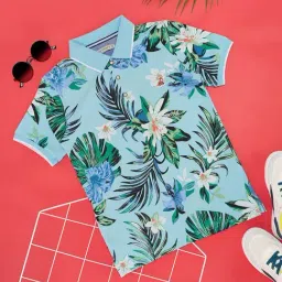 Pantaloons Junior Kids Dutch Canal Blue Cotton Floral Print Polo T-Shirt-image-19