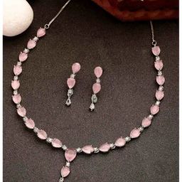 NVR Silver Plated Pink CZ Studded Handcrafted Jewellery Set-0