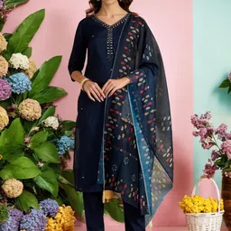 SAHASIKA Women Ethnic Motifs Embroidered Regular Thread Work Pure Cotton Kurta with Trousers & With Dupatta-image-5