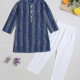 The Magic Wand Kids Blue & White Cotton Printed Full Sleeves Kurta Set-picture-1