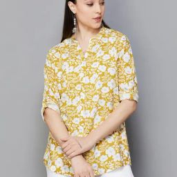 Melange by Lifestyle Yellow & White Rayon Floral Print Kurti-picture-1