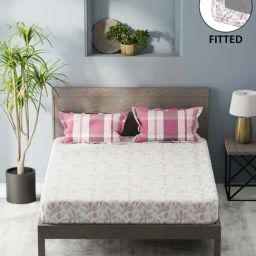 Bianca Denim Feel White & Pink Fabric 192 TC 150 GSM King Fitted Bedsheet With 2 Pillow Covers-image-75