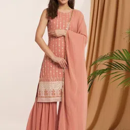 PARROT CREATION Women Embroidered Sequinned Kurti with Sharara & Dupatta-image-5