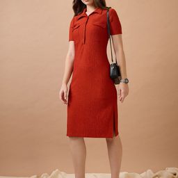 Globus Self Design Shirt Collar Pocket Detail Midi Sheath Workwear Dress-29