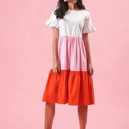 Shades of Sabi Colourblocked Boat Neck Fit & Flare Mini Dress-image-56