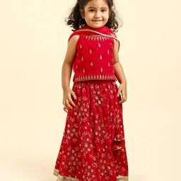 Babyhug Sleeveless Embroidered Choli Lehenga And Dupatta - Red-image-94
