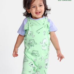 Babyoye 100% Cotton With Eco Jiva Finish Half Sleeves Tee & Dungaree Set Tiger & Dino Print- Green-image-13