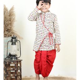 Kinder Kids Full Sleeves Camel Printed Angrakha Style kurta & Dhoti -  Red Cream-image-77