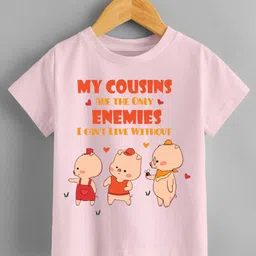 KNITROOT Half Sleeves My Only Cousins Enemies Can'T Live Without Printed T Shirt - Pink-picture-35