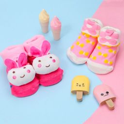 Yellow Bee Pack Of 2 Flower Printed  & Rabbit Face Applique  Anti Skid Socks -Pink & White-picture-36