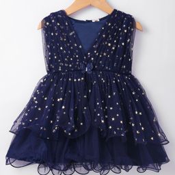 ToffyHouse 100% Cotton Woven Sleeveless Mesh Fabric Layered Party Frock with Star Foil Print - Navy Blue-image-8