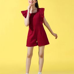 Cherry & Jerry Frill Sleeves Schiffli Embroidered  Jumpsuit - Maroon-image-43