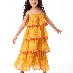 EARTHY TOUCH Chanderi Woven Sleeveless Floral Printed Ethnic Layered Dress - Yellow-image-58