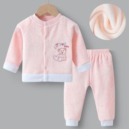 Kookie Kids Raglan Sleeves Front Open Winter Wear Suit with Bear Embroidery - Pink-image-85
