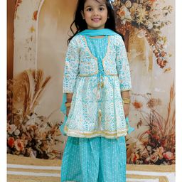 KID1 Three Fourth Sleeves Abstract Printed & Lace Embellished Kurta Sharara With Dupatta - Sky Blue-image-41