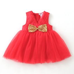 Mark & Mia Sleeveless Solid Colour Party FrockStyle Onesie with Pleat& Sequined Bow Detailing - Red-image-81