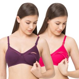 MomToBe Pack Of 2 Cotton Padded Non Wired Solid Maternity Bra - Pink & Purple-image-30