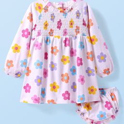 Babyhug Cotton Knit Full Raglan Sleeves Floral Printed Frock with Bloomer & Smocking Detailing - Pink-image-59
