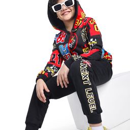 Ollington St. 100% Cotton Knit Full Sleeves Hooded Front Zipper Sweatshirt & Joggers Set With Text Print - Black-image-98