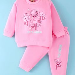 Zero Fleece Knit Full Sleeves T-Shirt & Lounge Pants Set With Animal & Text Print - Pink-image-8