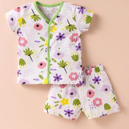 OHMS Single Jersey Knit Half Sleeves Shorts Night Suit with Floral Print - White-image-4