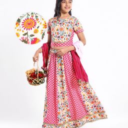 Pine Kids Cotton Woven Half Sleeves Choli Lehenga Set with Dupatta & Floral Print & Lace Detailing - Pink & White-image-50