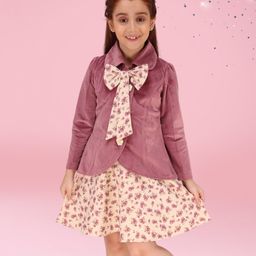 Cutecumber Floral Printed Dress With Full Sleeves Bow Applique Detailed Jacket Set - Mauve-image-61