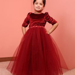 Toy Balloon Kids Net Half Sleeves Floral Applique Detailed Gown - Maroon-image-74