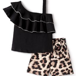 CrayonFlakes Cotton Sleeveless Layered Top & Animal Printed Shorts Set - Black-image-113