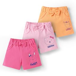 Doodle Poodle 100% Cotton Knit Knee Length Animal Printed Shorts With Bow Pack Of 3 -Pink Orange & Light Pink-image-1