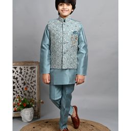 BT DEZINES Cotton Silk Full Sleeves Solid Kurta Pyjama With Ethnic Embroidered Jacket Set - Teal Blue-image-71