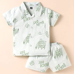 Evimo Single Jersey Knit Half Sleeves Shorts Co-Ord Night Suit With Beach Theme Print - Light Green-picture-12