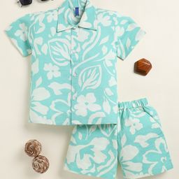 Little Marine Cotton Knit Half Sleeves Floral Printed Shirt With Coordinating Shorts Set - Mint-picture-19