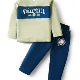 Taeko Single Jersey Knit Full Sleeves T-Shirt & Pant Set With Text Print - Light Green & Blue-picture-15