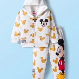 Babyhug Disney Terry Knit Full Sleeves Hooded Sweatshirt and Joggers Set with Mickey Mouse Graphics with Badge and 3D Ear Detailing - White-picture-1