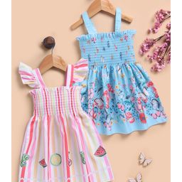 TOONYPORT Cotton Knit Pack Of 2 Cap Sleeves Striped & Butterflies Printed Smocked Dresses - White & Blue-picture-4