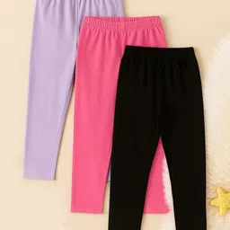 Trampoline Cotton Lycra Knit Pack Of 3 Full Length Solid Leggings - Purple Pink & Black-picture-17