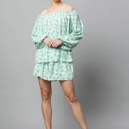 Global Republic Printed Off Shoulder Long Sleeves Top With Shorts-image-3