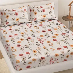 Myntra Elegant Homes Beige Floral 300 TC King Bedsheet with 2 Pillow Covers-picture-42