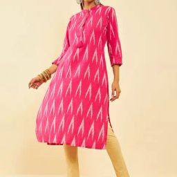 Soch Womens Pink Cotton Ikat Printed Straight Kurta With Sequins-image-6