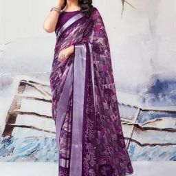 Satrani Purple Printed Saree With Unstitched Blouse-picture-14