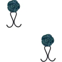 IndianShelf Teal & Black 2 Pieces Rose Textured Ceramic Wall Hooks-12