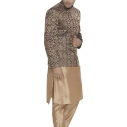 VASTRAMAY Brown Straight Fit Self Pattern Prince Coat-image-5