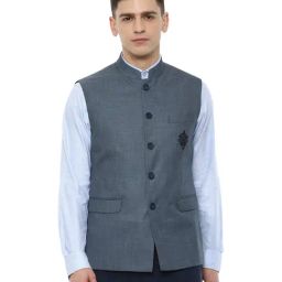 Van Heusen Navy Sleeveless Mandarin Collar Nehru Jacket-image-49