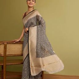 Taneira Black Rajasthan Pure Silk Cotton Printed Sanganeri Saree-picture-2