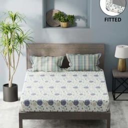 Bianca Denim Feel White & Blue Fabric 192 TC 150 GSM King Fitted Bedsheet With 2 Pillow Covers-image-31