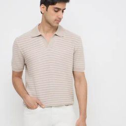 Ascot by Westside Beige Striped Relaxed-Fit Polo T-Shirt-image-6