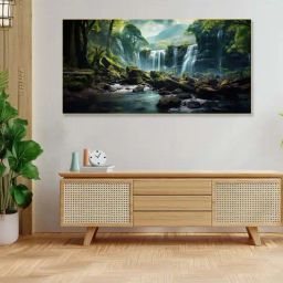 Nestroots Multicolor Canvas Serene Forest Wild Waterfall Wall Painting - Gold Floating Frame-32