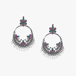 Sangria Silver-Plated Stones Studded & Beaded Crescent Shaped Oxidised Chandbalis image 4