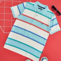 Pantaloons Junior Kids White & Blue Cotton Striped Polo T-Shirt-picture-22
